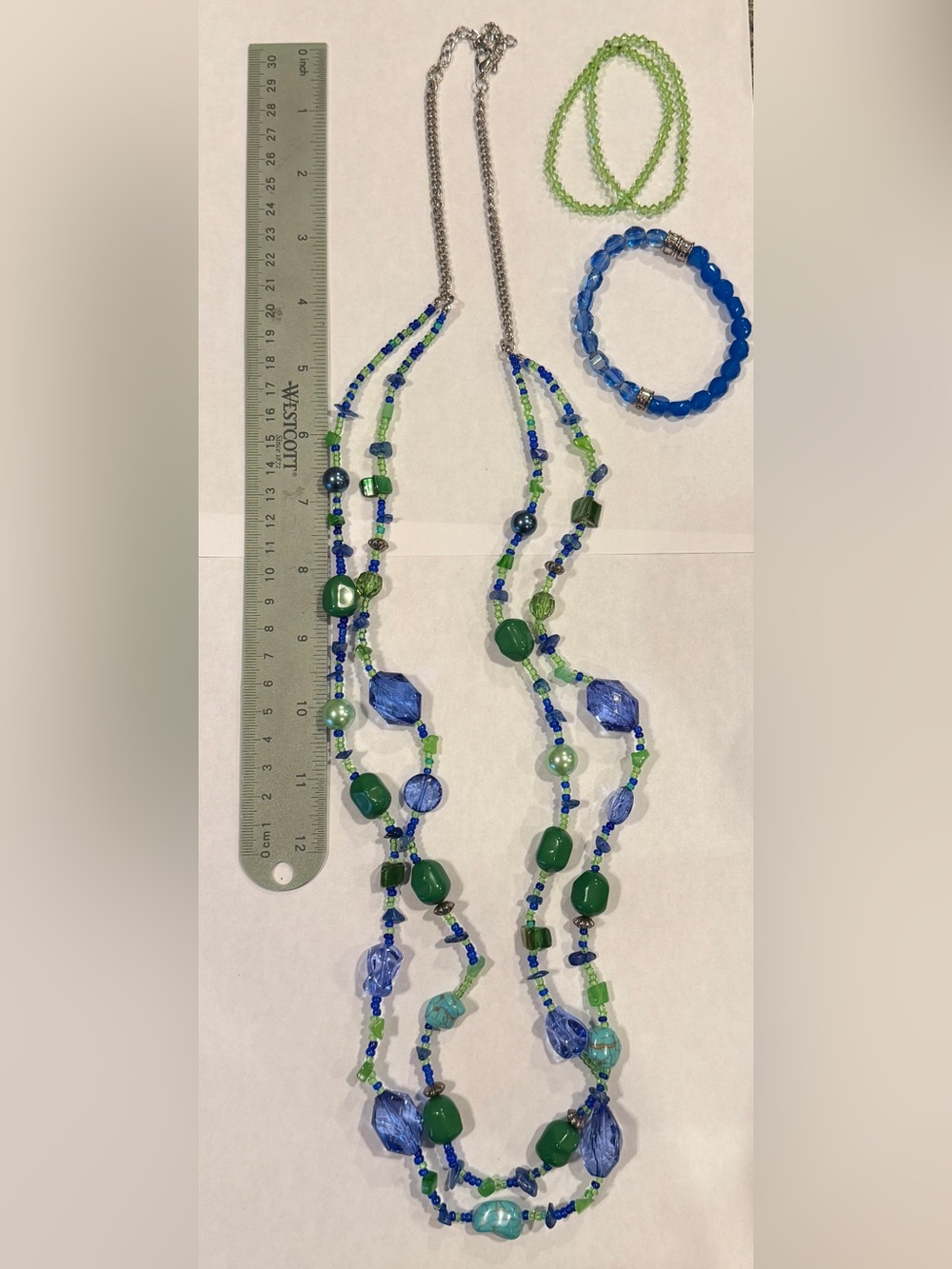 Blue & Green Beaded Multi-Strand Necklace with Matching Bracelets
